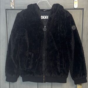 DKNY Black Fuzzy Girls  Jacket size 14/16 Black Sherpa heavyweight